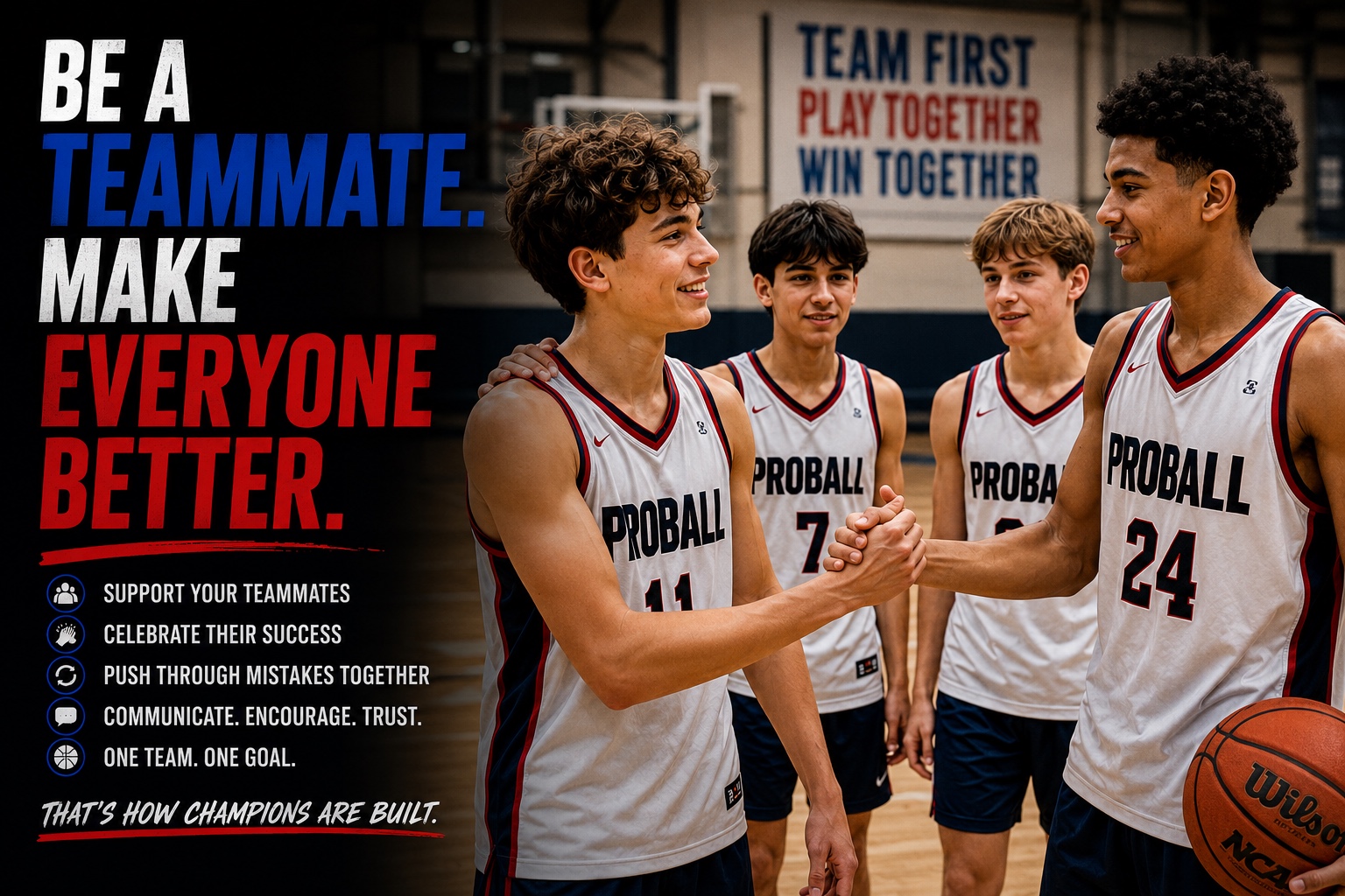 Young ProBall basketball players supporting each other as teammates during training in Sydney, highlighting communication, encouragement, trust and teamwork in youth basketball.